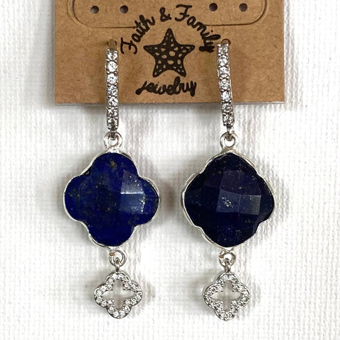 Blue Lapis Pave Double Drop Quatrefoil Earrings