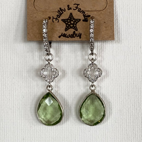 Green Pave Double Drop Quatrefoil Earrings